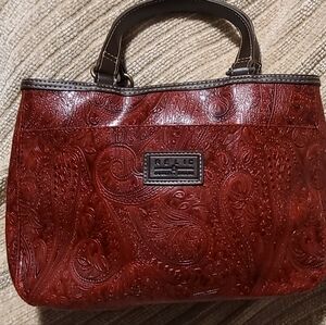 Relic Red Paisley Embossed Vegan Leather Top Handle Bag